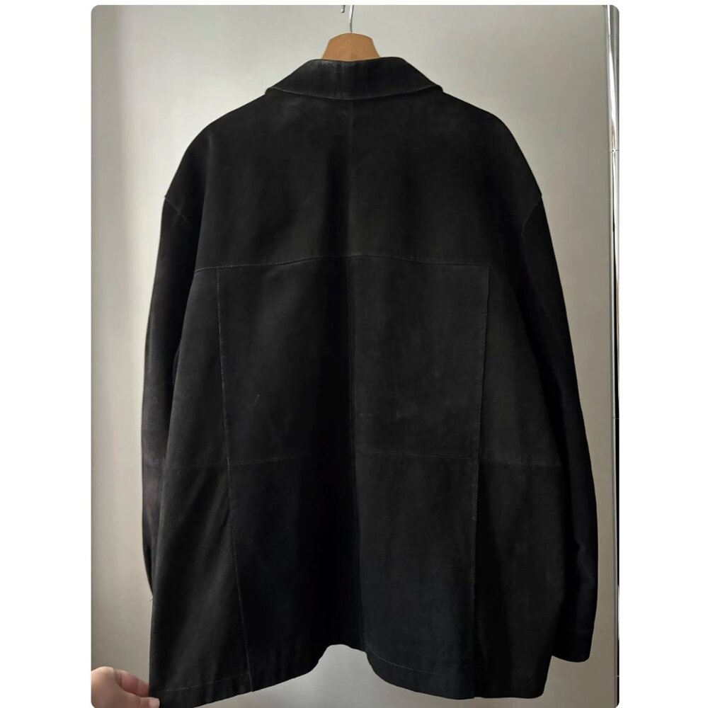 1990s Oversized Black Suede Jacket with Pockets | Vintage Minimal Leather Coat - Picture 7 of 8